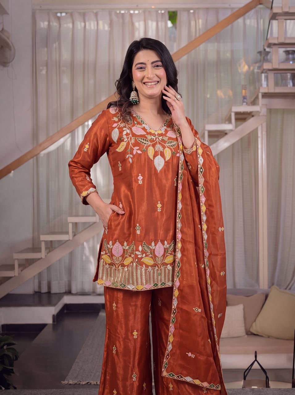 LadyVastara Premium Sindoori Satin Silk Embroidered Palazzo Suit Set for Women