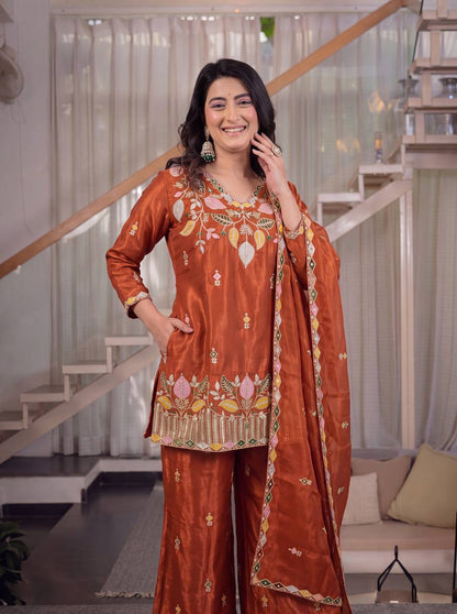 LadyVastara Premium Sindoori Satin Silk Embroidered Palazzo Suit Set for Women