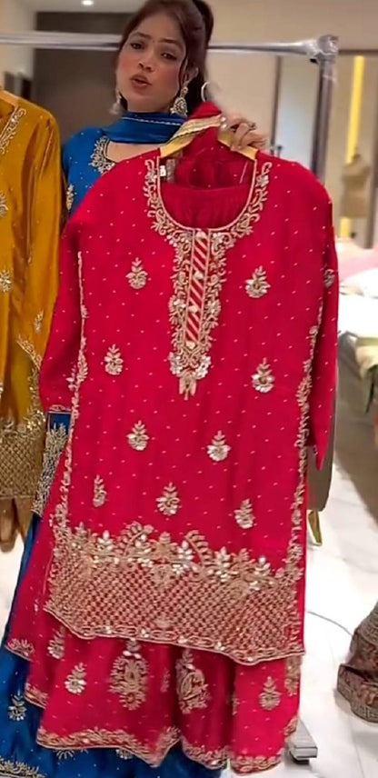 Ladyvastara Heavy Chinon Silk Sequence Embroidery Sharara Set with Dupatta