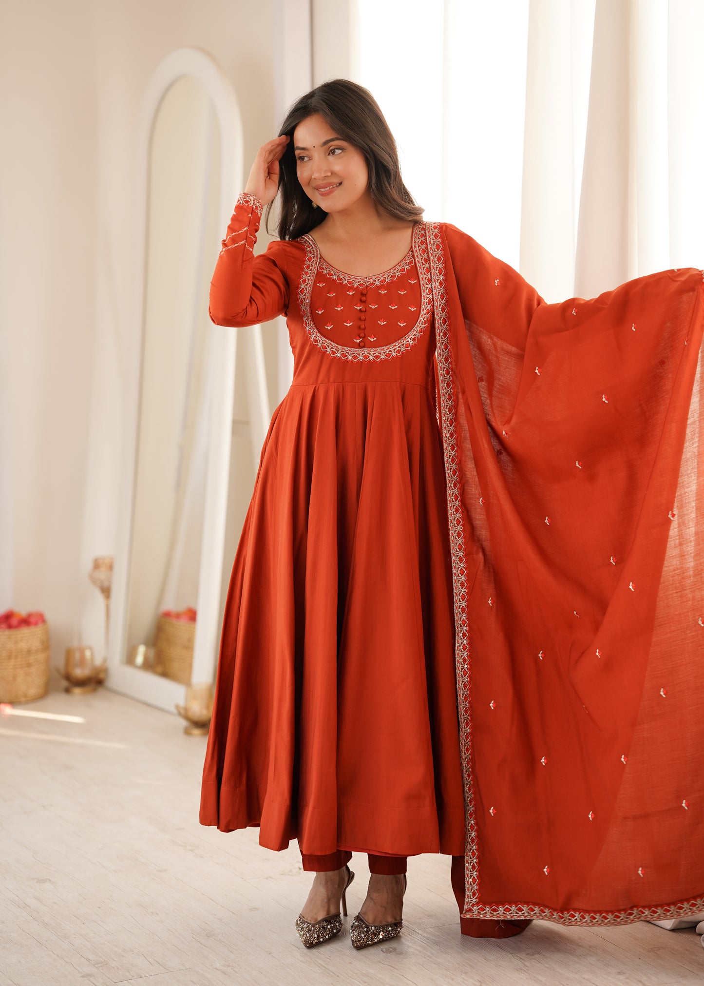 LadyVastara Premium Roman Chanderi Silk Anarkali Suit with Pant & Dupatta