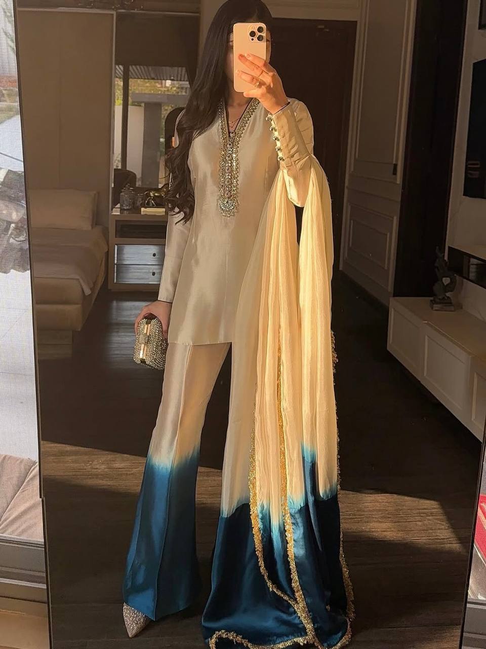 LadyVastara Elegant Designer Party Wear Roman Glass Top Palazzo Set with Dupatta