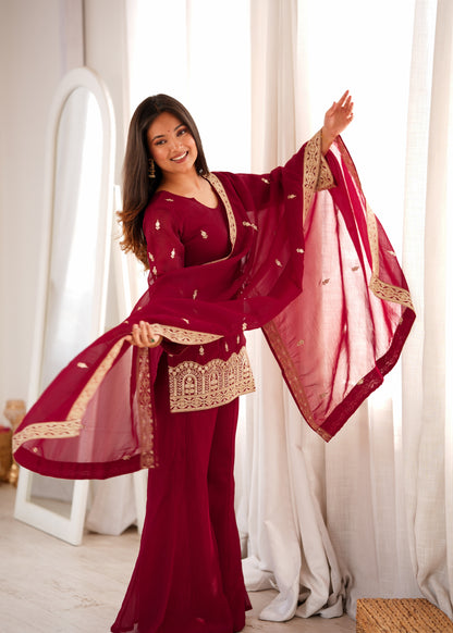 LadyVastara Designer Crunchy Silk Embroidered Kurta Bell Bottom Pant Set with Dupatta