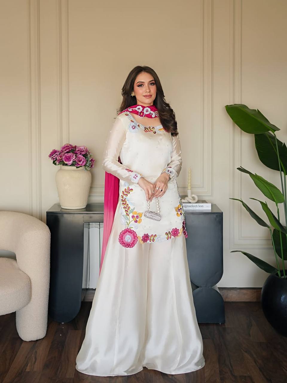 LadyVastara Heavy Roman Glass Silk Embroidered Sharara Suit Set with Chiffon Dupatta