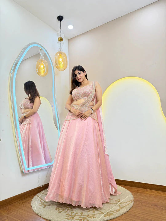 LadyVastara Royal Pink Fandy Organza Lehenga Choli with Cancan for Reception, Sangeet & Party Wear