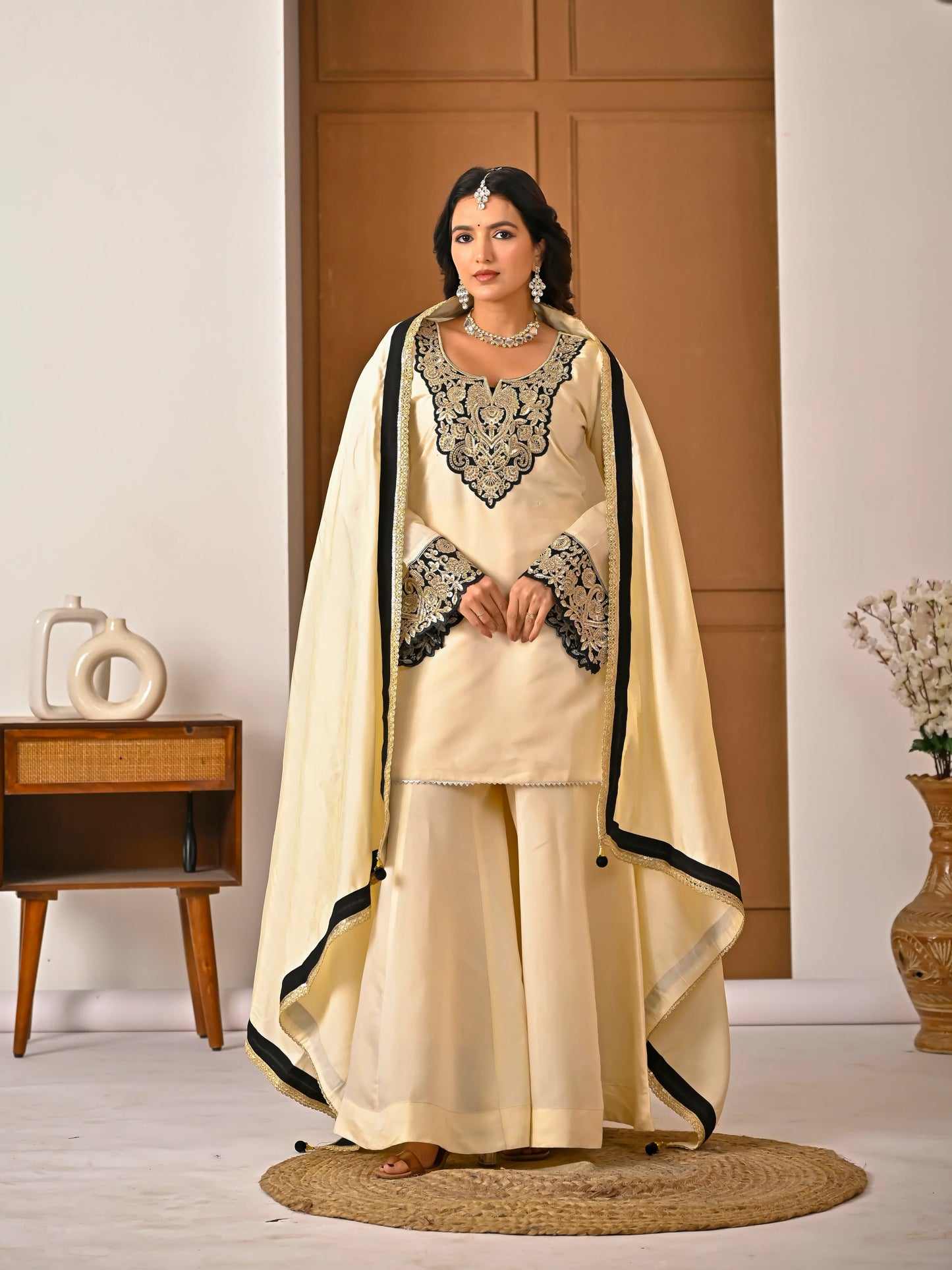 LadyVastara Embroidered Roman Silk Sharara Set with Dupatta | Evening & Party Wear