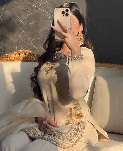 LadyVastara Designer Korean Satin Silk Embroidered Sharara Suit Set for Women