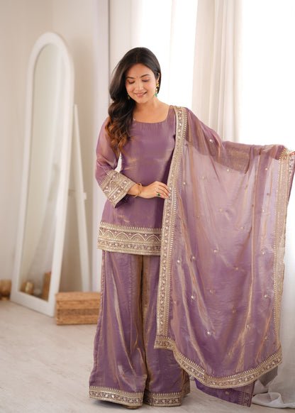 LadyVastara Trendy Silk Embroidered Kurta Palazzo Set with Dupatta