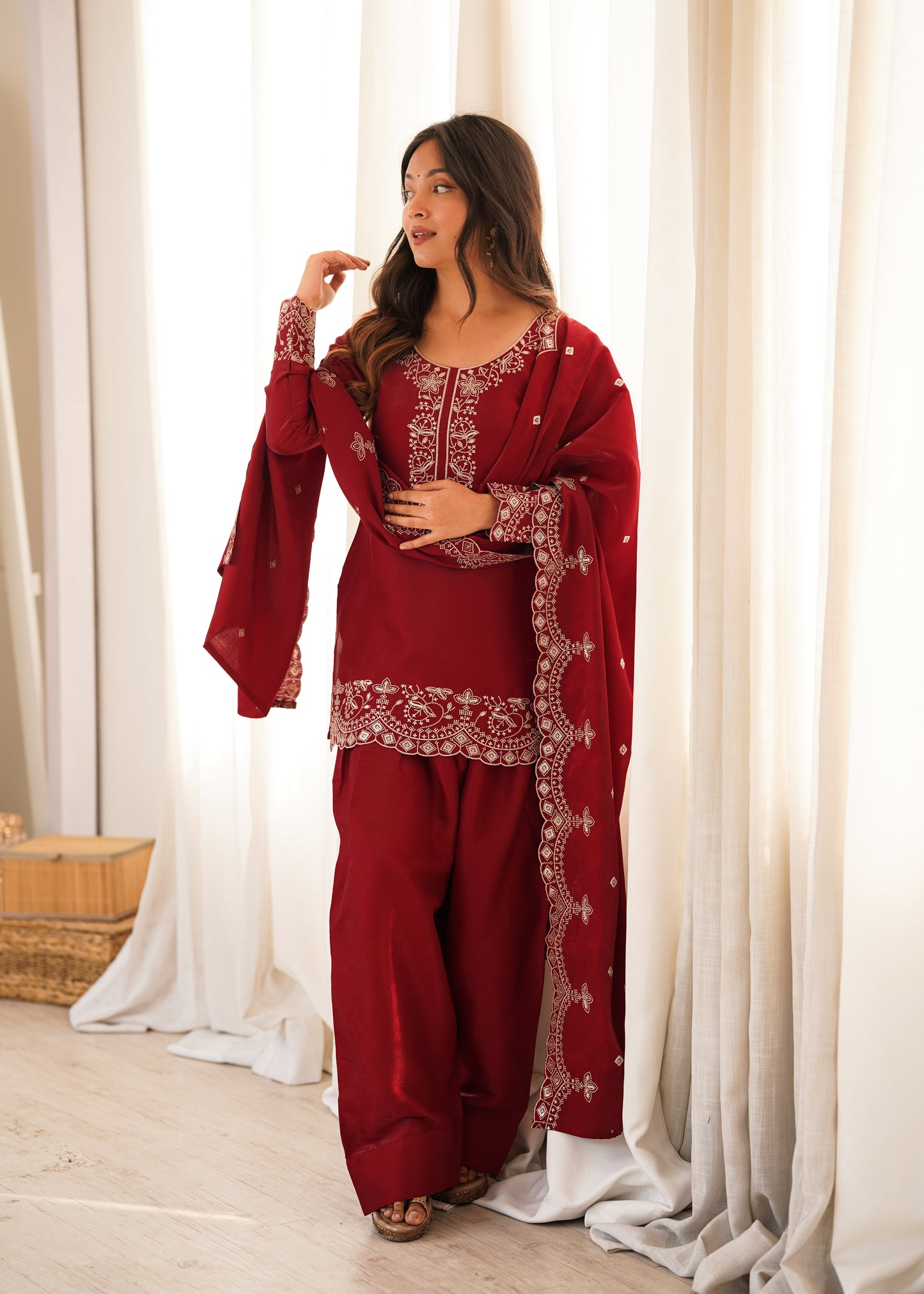 LadyVastara Elegant Glass Roman Silk Kurta Farshi Shalwar Set with Embroidered Dupatta