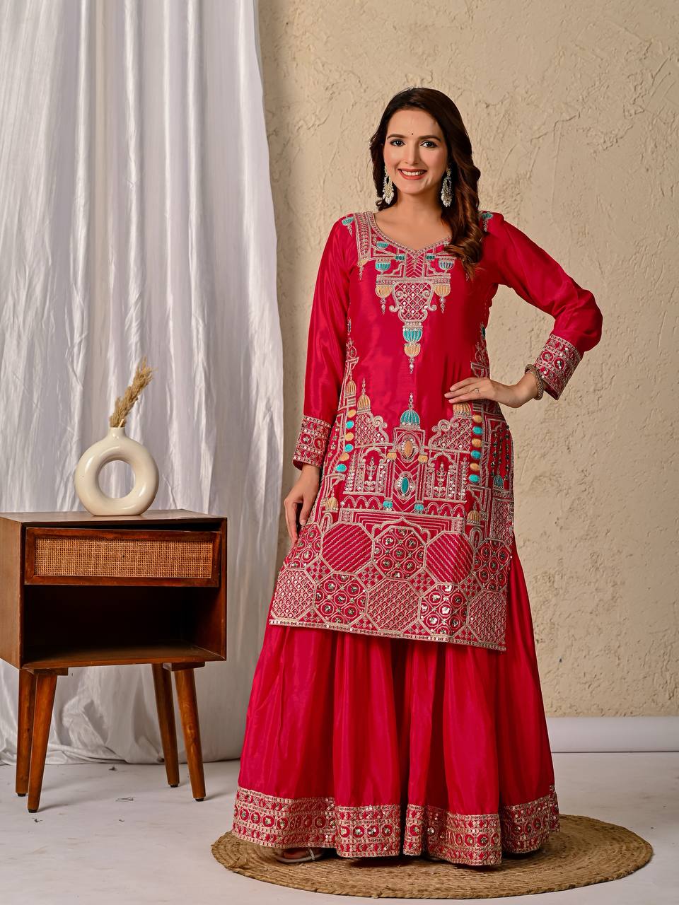 LadyVastara Designer Chinnon Silk Kurta Sharara Set with Embroidered Dupatta