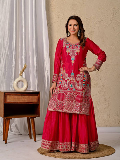 LadyVastara Designer Chinnon Silk Kurta Sharara Set with Embroidered Dupatta
