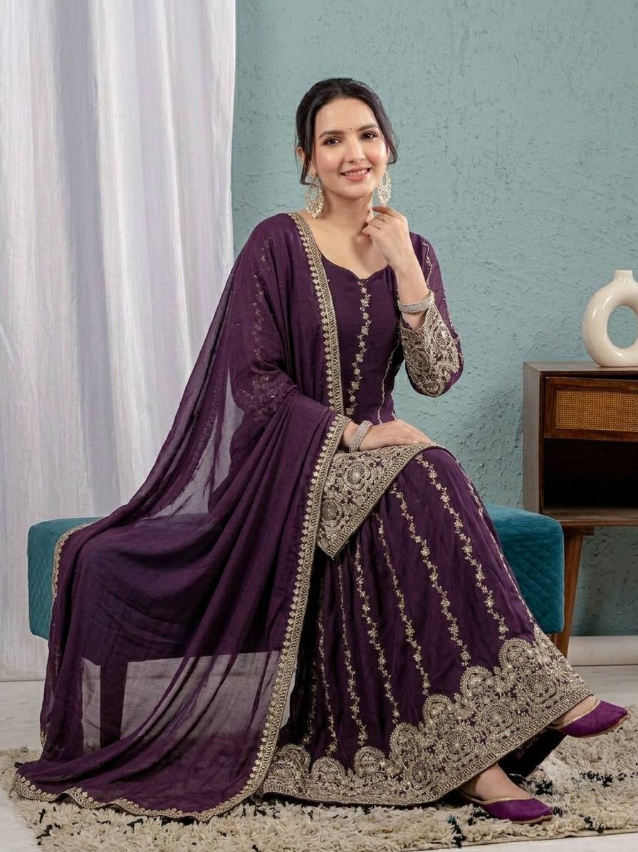 LadyVastara Premium Heavy Crunchy Silk Embroidered Sharara Suit Set for Women with Sequins Work & Dupatta