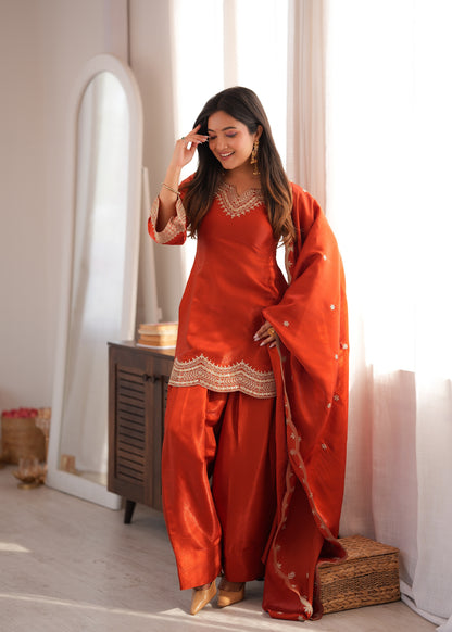 LadyVastara Women's Premium Farshi Suit Set | Glass Roman Silk | Festive & Wedding Wear