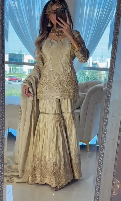 LadyVastara Premium Chinon Silk Embroidered Sharara Set
