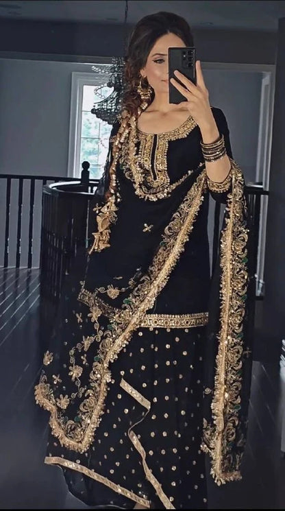 LadyVastara Designer Malay Silk Top with Faux Georgette Dhoti Skirt