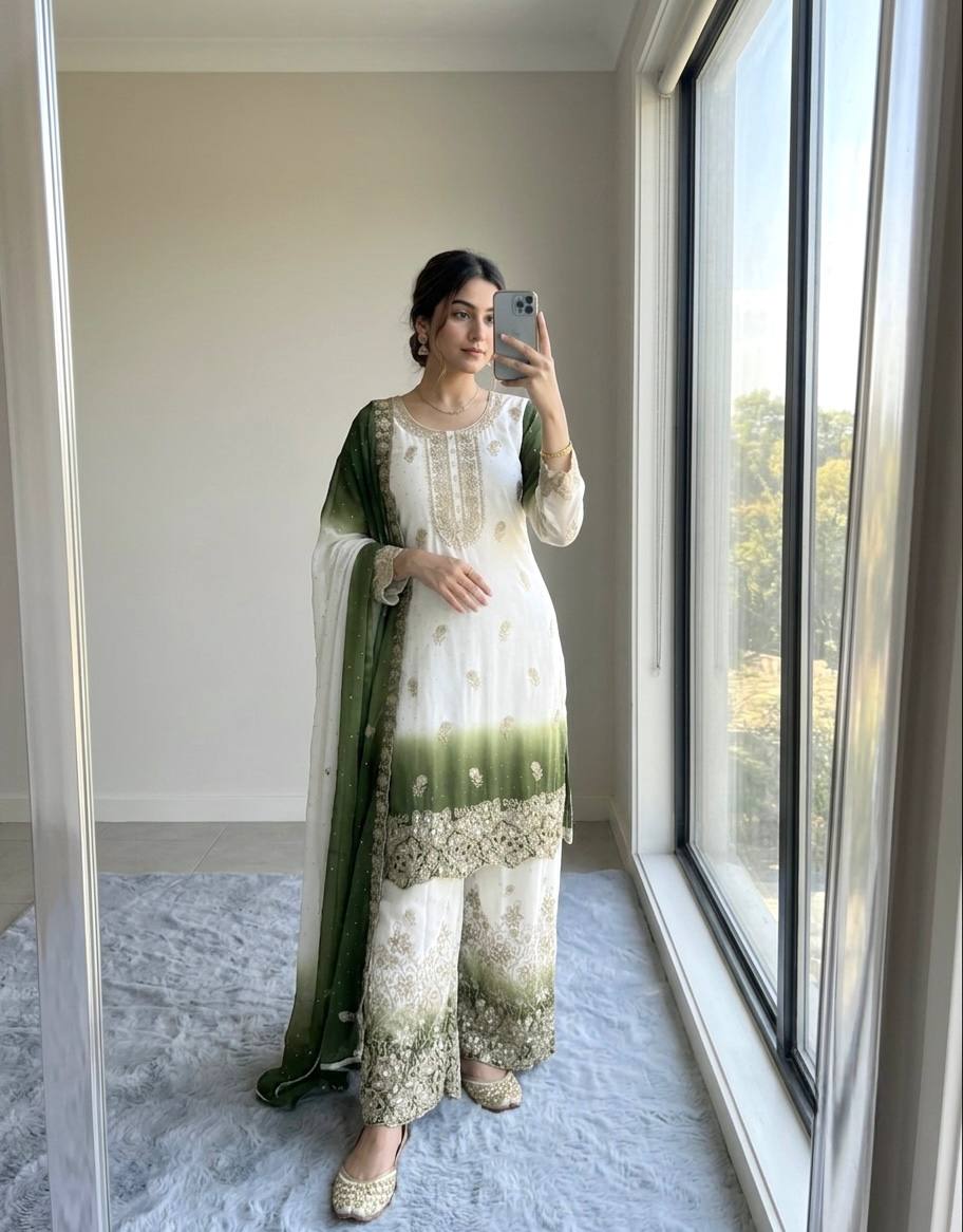 Heavy Dual Tone Georgette Embroidered Diamond Work Kurta Palazzo Set