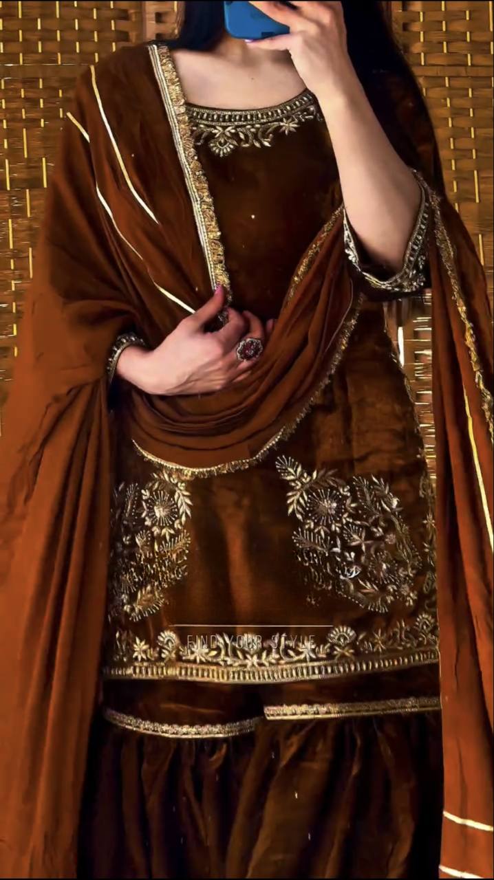 LadyVastara Designer Natural Crepe Embroidered Top Sharara Palazzo Set with Dupatta