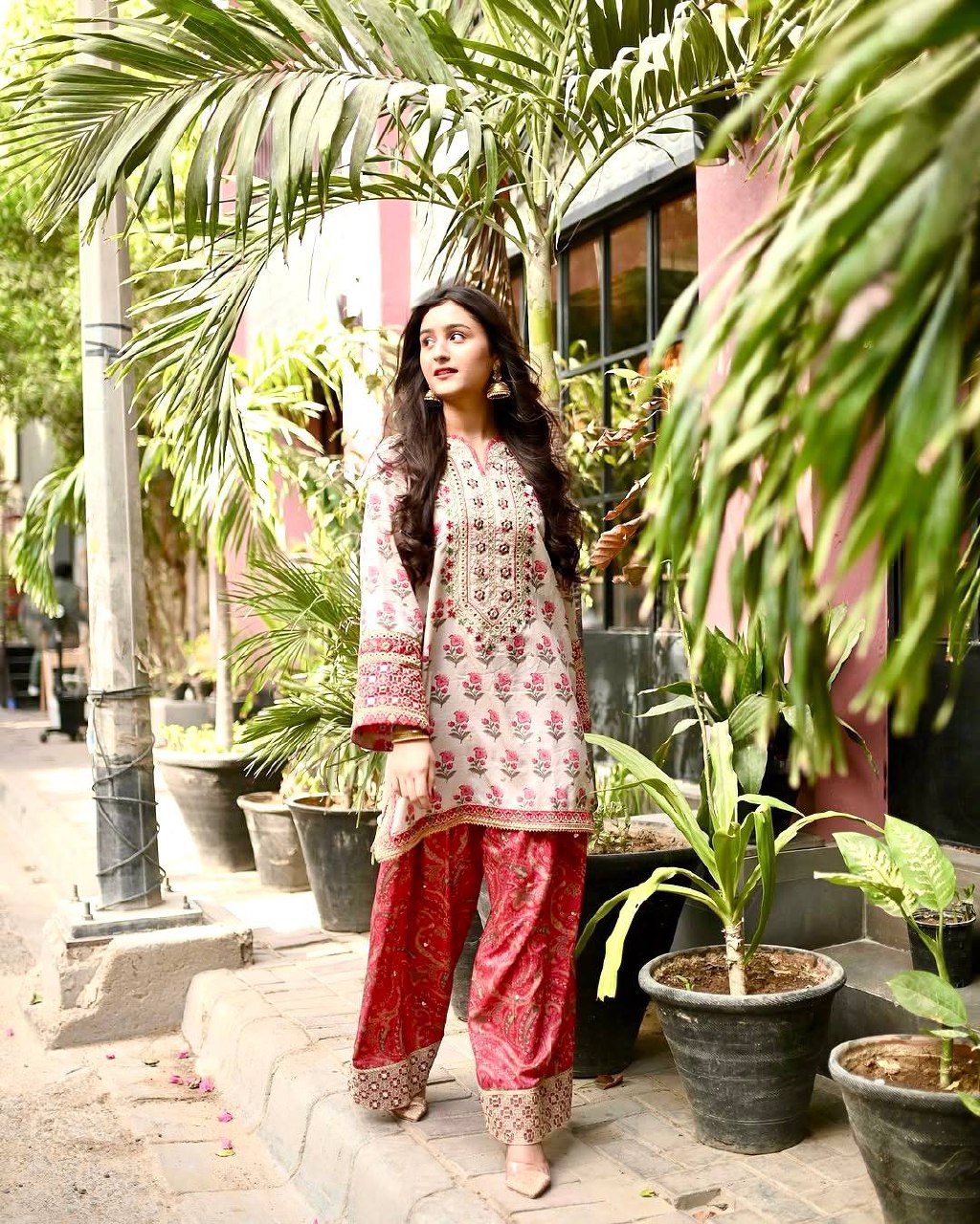 LadyVastara Natural Crepe Digital Print Farshi Palazzo Set with Mirror Work
