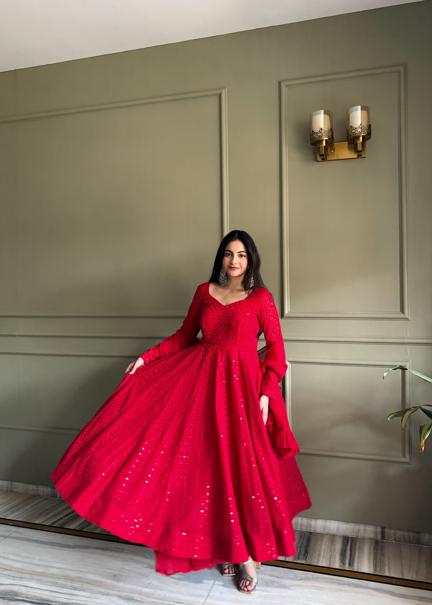 LadyVastara Heavy Fox Georgette Lucknowi Embroidered Anarkali Suit Set with Ruffle Dupatta