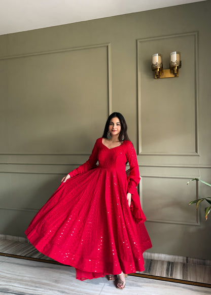LadyVastara Heavy Fox Georgette Lucknowi Embroidered Anarkali Suit Set with Ruffle Dupatta
