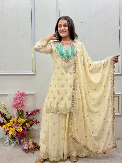 Chinon Silk Embroidered Mirror Work Palazzo Suit Set with Dupatta