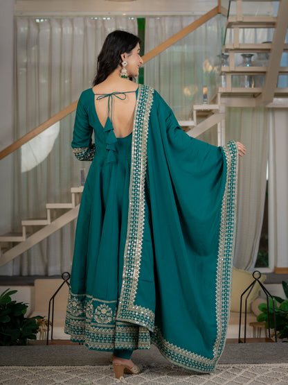 LadyVastara Heavy Roman Cotton Silk Embroidered Anarkali Suit Set with Pant & Dupatta