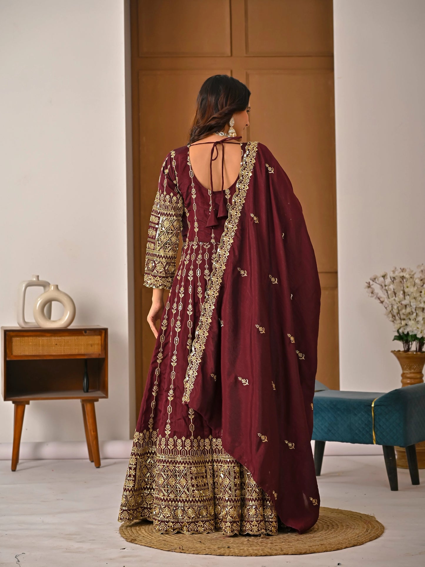 LadyVastara Elegant Maroon Ethnic Kurta Palazzo Set with Full Embroidery