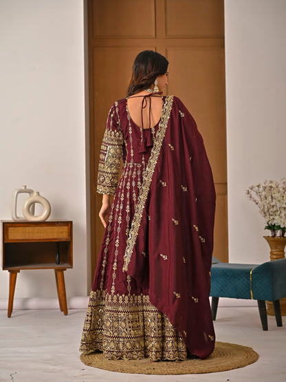 LadyVastara Elegant Maroon Ethnic Kurta Palazzo Set with Full Embroidery