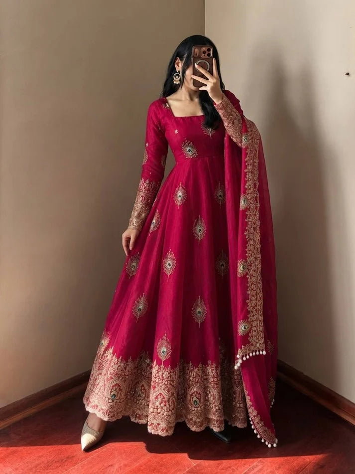 Exclusive Designer Fendy Silk Gown with Heavy Sequence Embroidery – Wedding, Festive & Party Wear