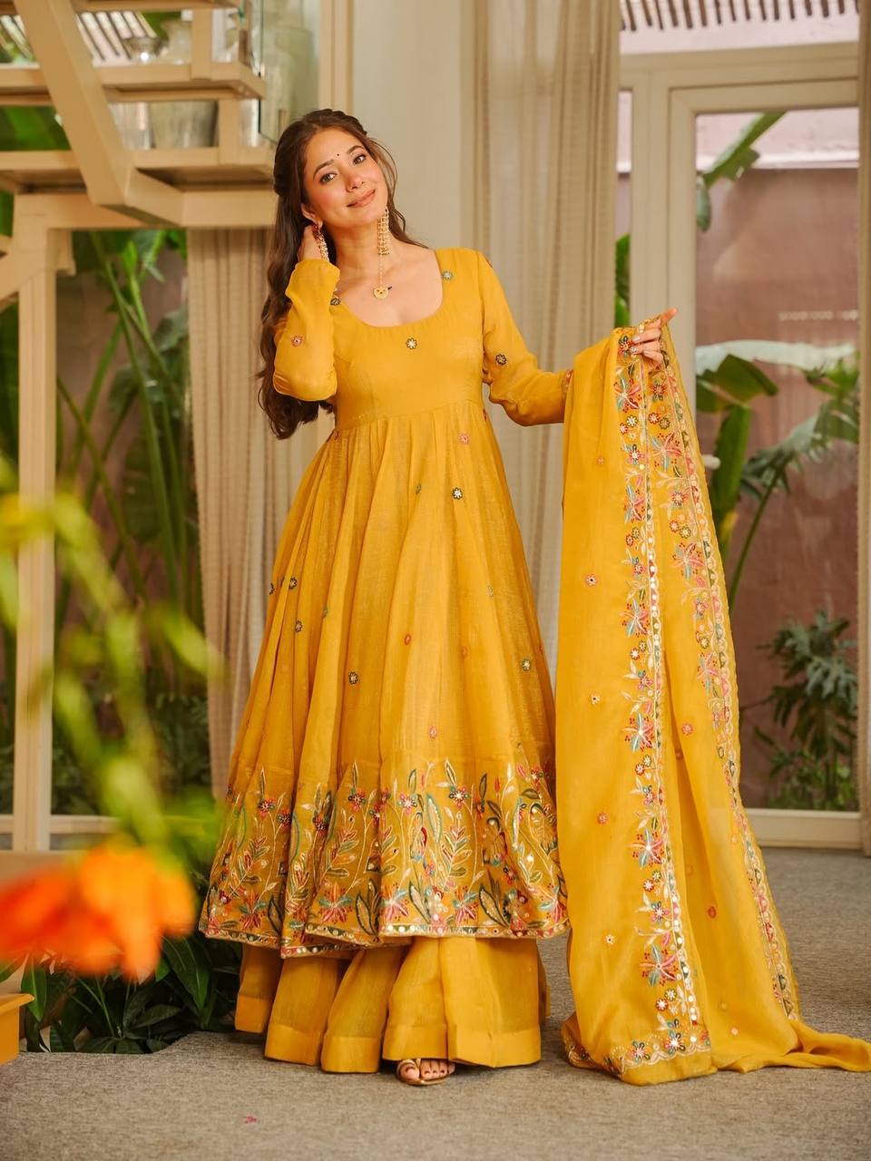 LadyVastara Elegant Crunchy Silk Anarkali Suit Set with Palazzo & Embroidered Dupatta for Women