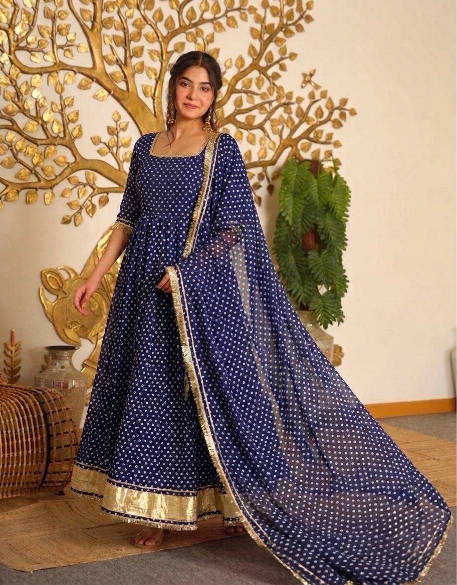 LadyVastara Bandhej Print Faux Georgette Gown Set with Dupatta & Bottom