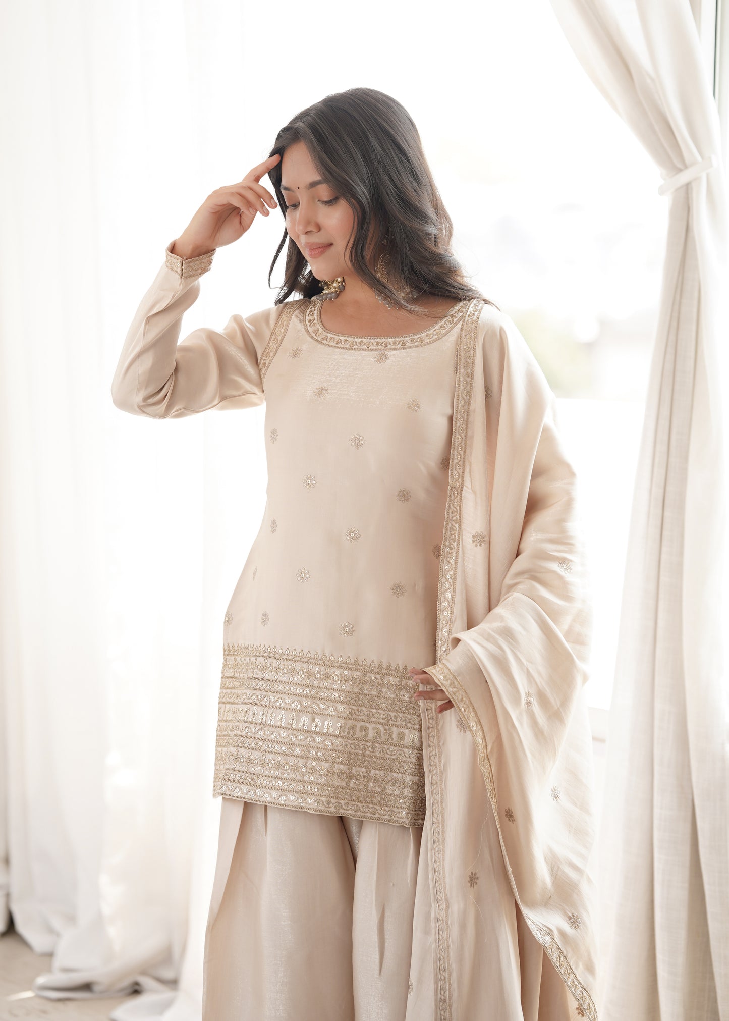 LadyVastara Designer Glass Roman Silk Embroidered Kurta with Farshi Shalwar & Dupatta Set