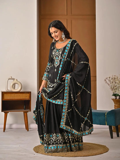 Ladyvastara Black Embroidered Kurta Sharara Set with Dupatta for Wedding & Festive Wear