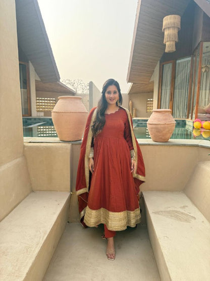 LadyVastara Heavy NC Vichitra Embroidered Anarkali Suit Set with Pant & Sequence Dupatta