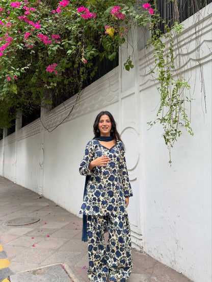 Premium Pure Cambric Cotton Kurti with Farshi Pant & Faux Georgette Dupatta Set