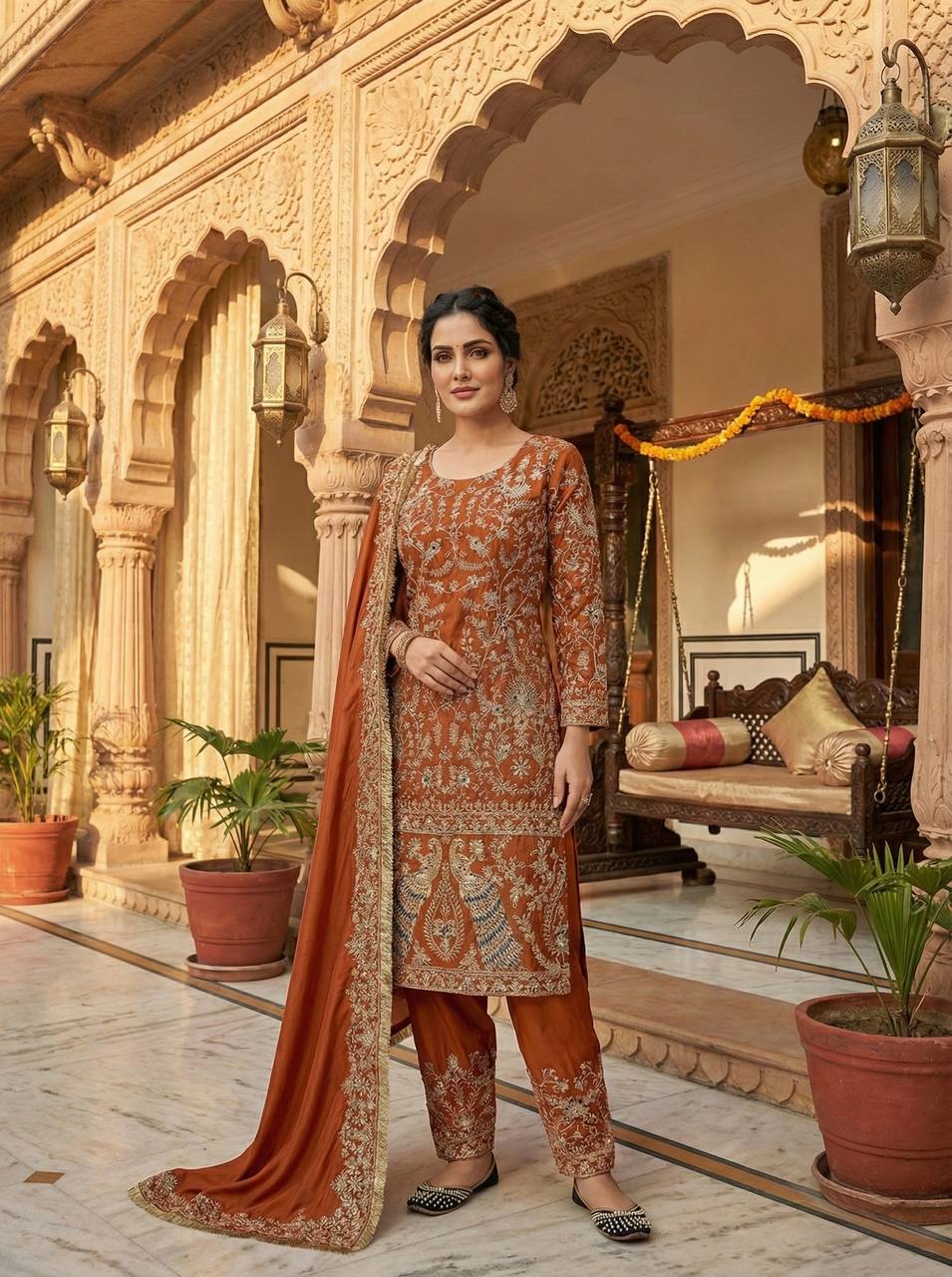 LadyVastara Designer Crepe Silk Suit with Embroidery Dupatta