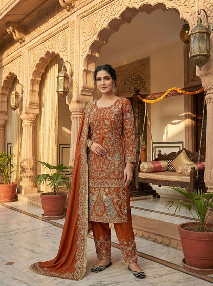 LadyVastara Designer Crepe Silk Suit with Embroidery Dupatta