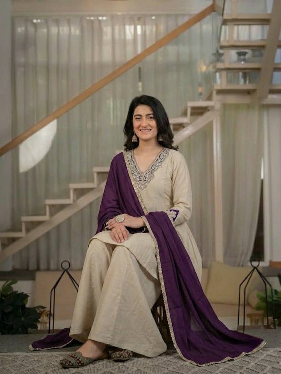 LadyVastara Women's Heavy Roman Silk Embroidered Sharara Suit Set with Hand Work, Chinnon Silk Dupatta