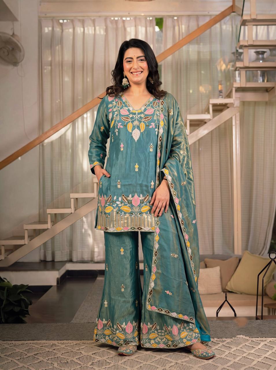 LadyVastara Premium Sindoori Satin Silk Embroidered Palazzo Suit Set for Women