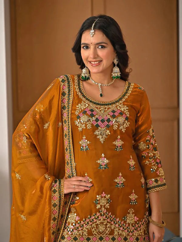 LadyVastara Designer Heavy Fandy Silk Kurta Sharara Palazzo Set with Embroidery & Dupatta