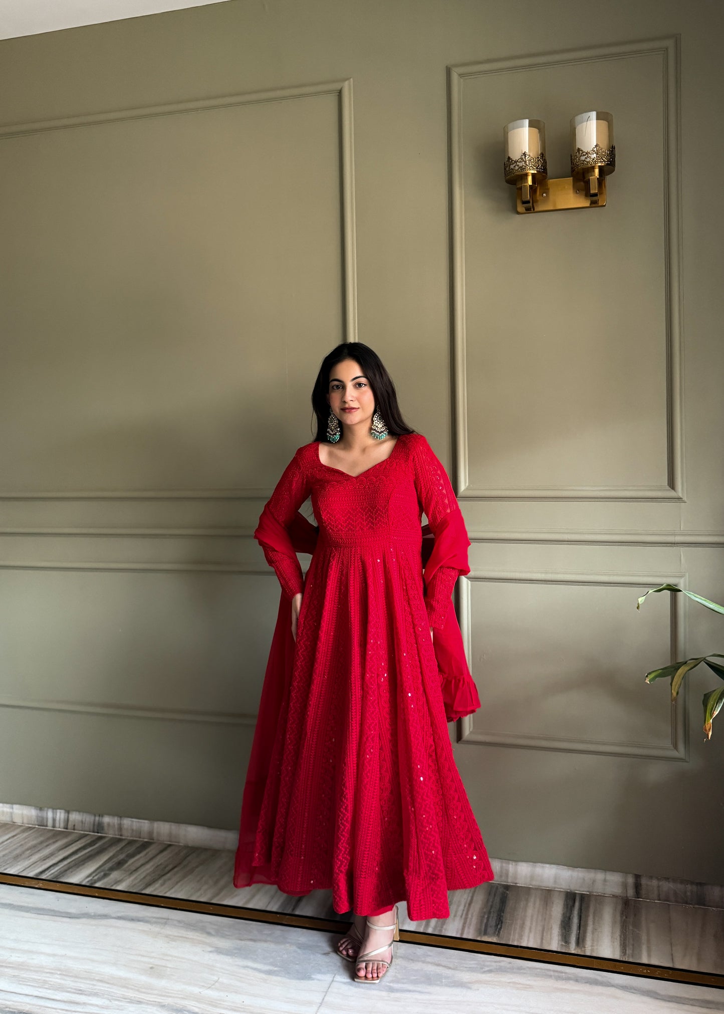 LadyVastara Heavy Fox Georgette Lucknowi Embroidered Anarkali Suit Set with Ruffle Dupatta