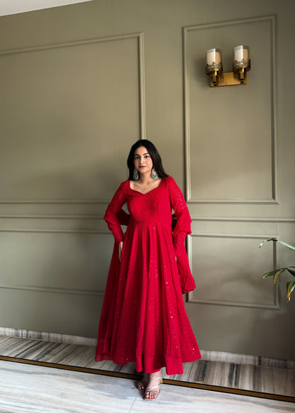 LadyVastara Heavy Fox Georgette Lucknowi Embroidered Anarkali Suit Set with Ruffle Dupatta