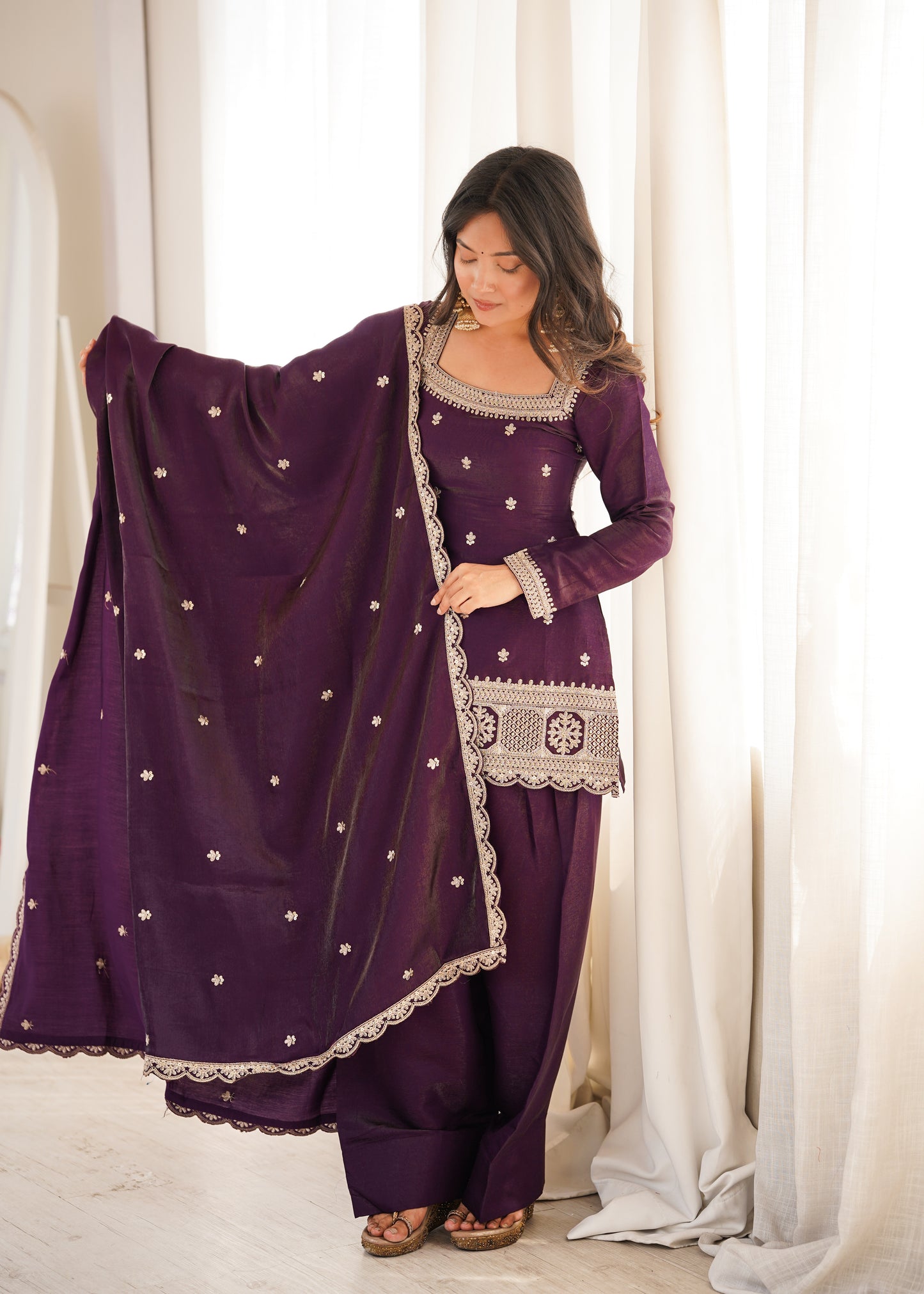 LadyVastara Premium Glass Roman Silk Embroidered Kurta Farshi Shalwar Set with Dupatta