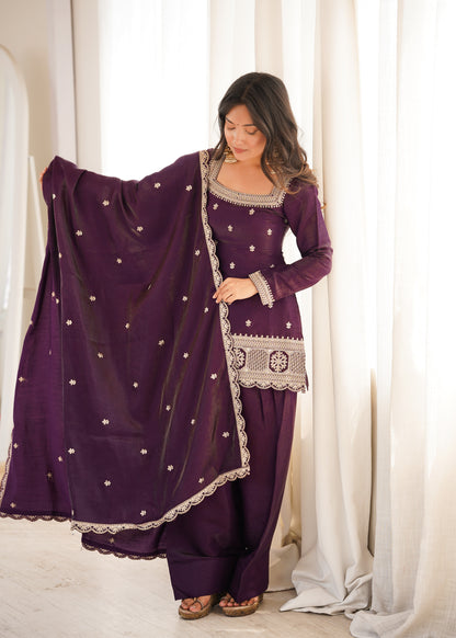 LadyVastara Premium Glass Roman Silk Embroidered Kurta Farshi Shalwar Set with Dupatta