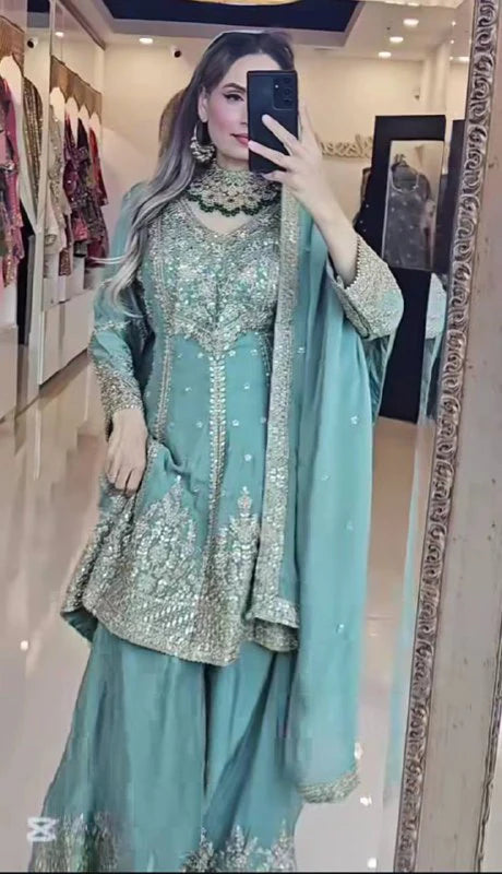 LadyVastara Heavy Chinon Silk Embroidered Top Sharara Palazzo Set with Dupatta