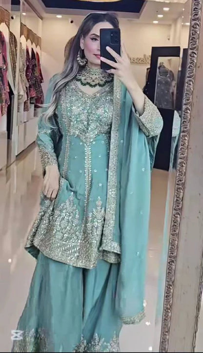 LadyVastara Heavy Chinon Silk Embroidered Top Sharara Palazzo Set with Dupatta