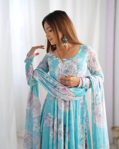 LadyVastara Designer Floral Print Fox Georgette Anarkali Gown