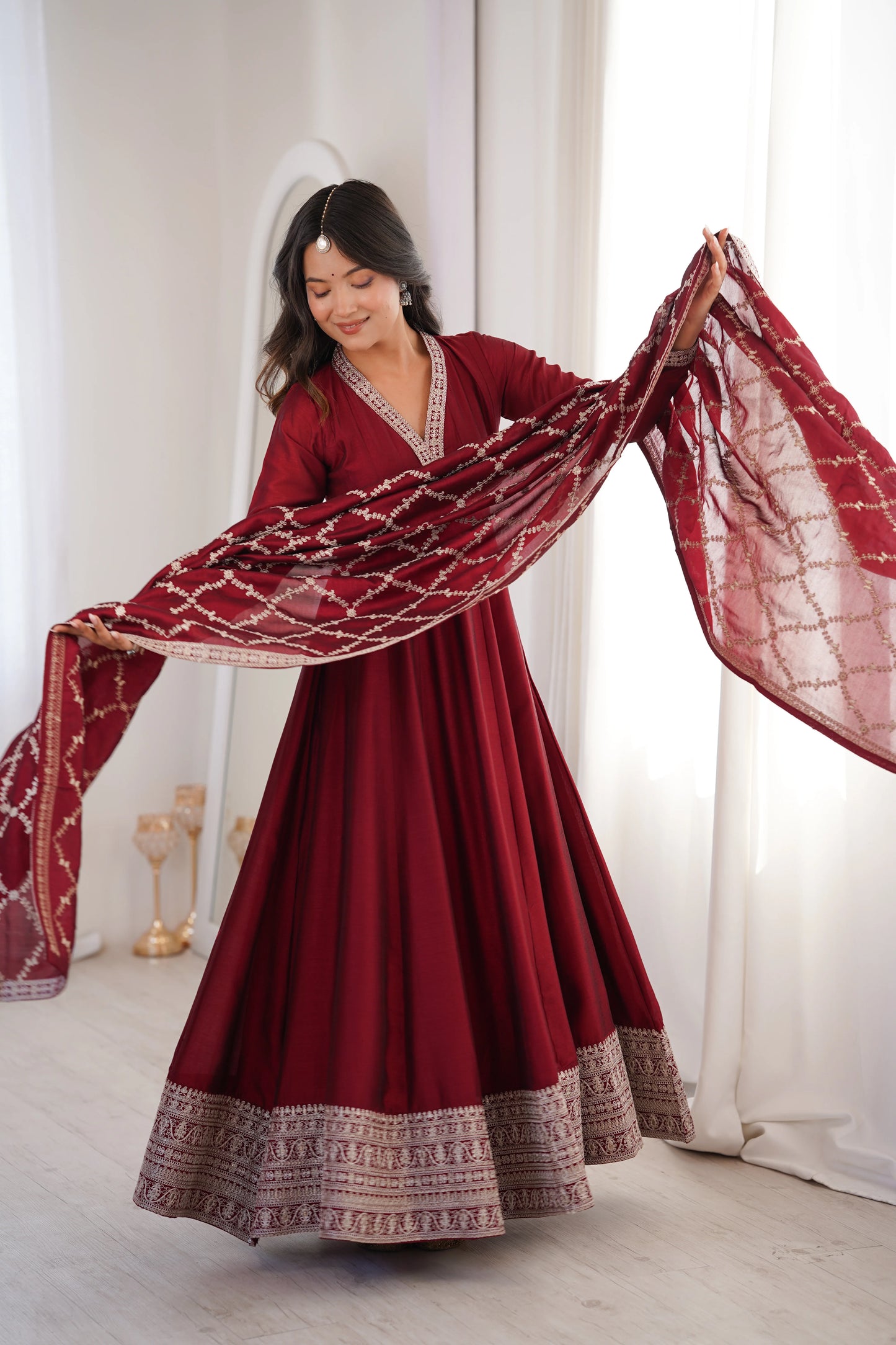 LadyVastara Royal Blooming Vichitra Silk Full Kali Anarkali Gown Set