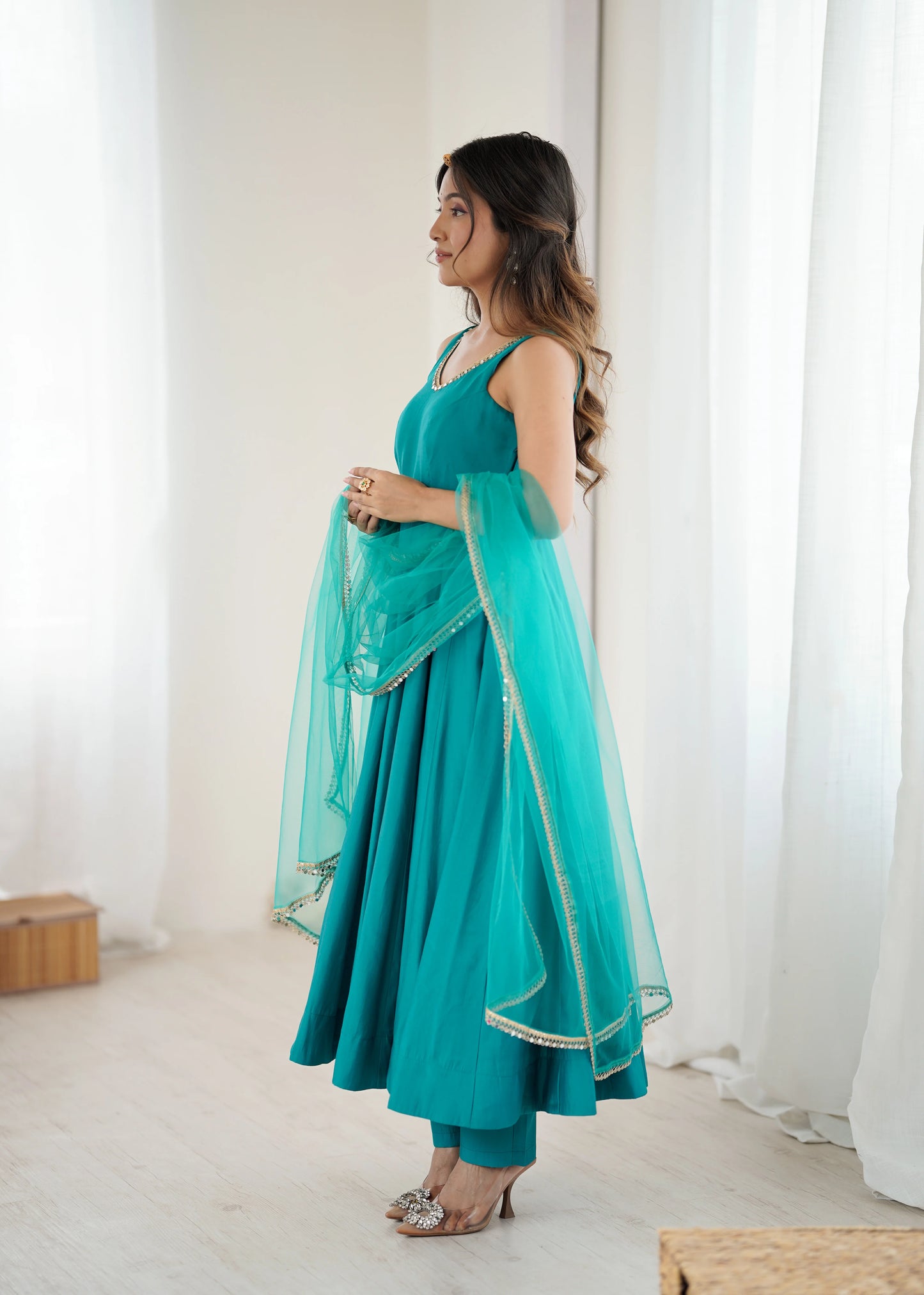 LadyVastara Premium Chanderi RomanSilk Anarkali with Soft Net Dupatta & Fancy Lace Work