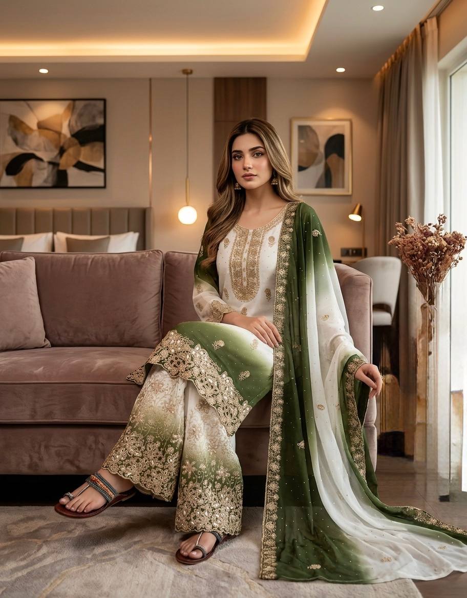 Heavy Dual Tone Georgette Embroidered Diamond Work Kurta Palazzo Set