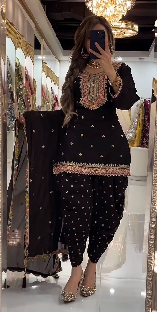 LadyVastara Elegant Faux Georgette Embroidered Top with Dhoti Salwar & Dupatta Set